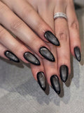 24PCS Y2K Long Almond Crystal Cat Eye Press-On Nails – Black / Brown