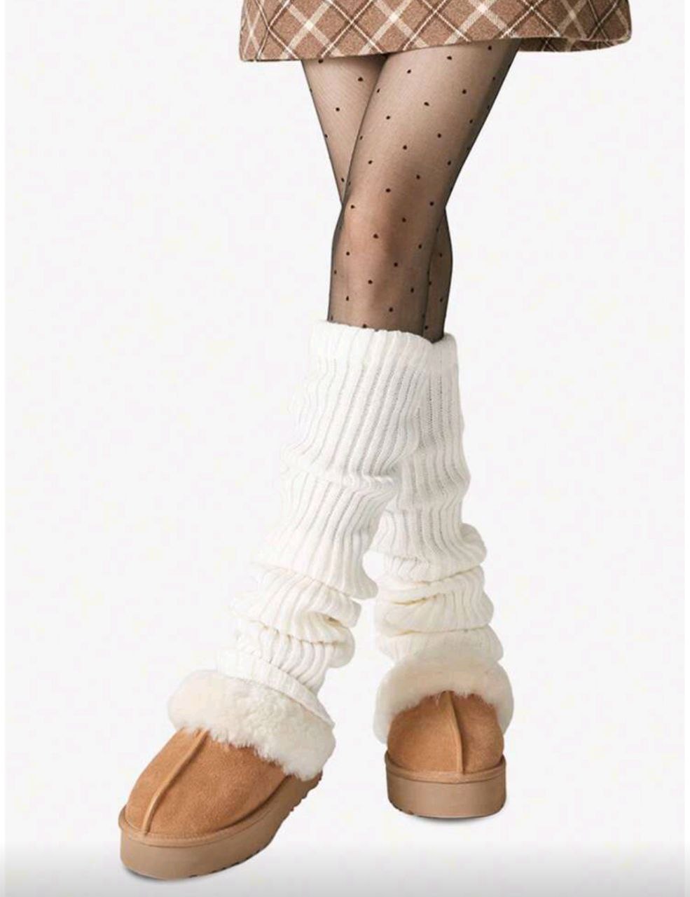 Women's 2-Way Knit Leg Warmers – White / Brown – 40CM