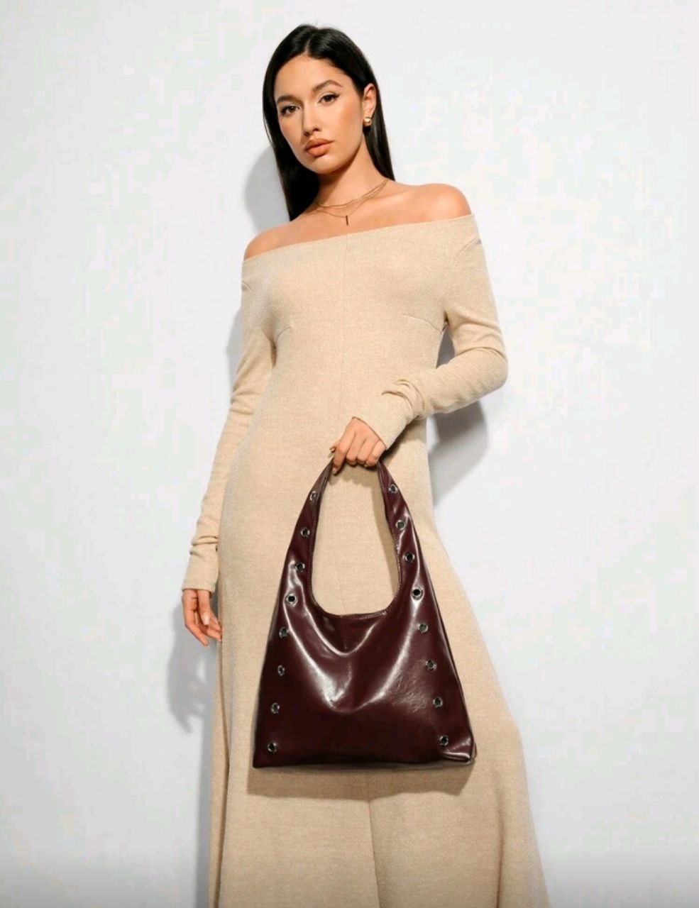 Women’s Burgundy Rivet Decor Large Capacity Shoulder Tote Bag