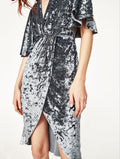 Velvet Gray Dress – Mid-Thigh Front Slit, Knee-Length Fit, Size Medium