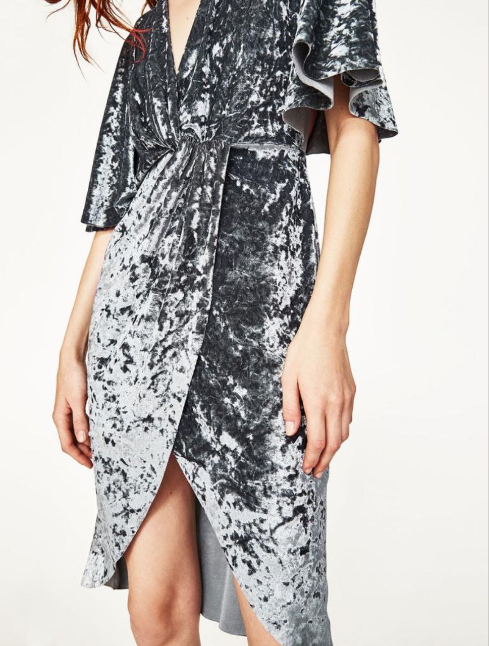 Velvet Gray Dress – Mid-Thigh Front Slit, Knee-Length Fit, Size Medium