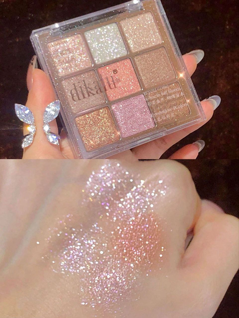 Makeup palette with glittery eyeshadows and a close-up of glitter on skin.