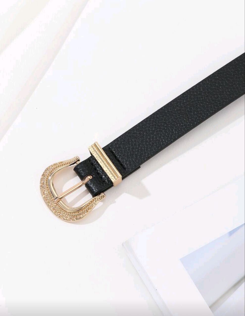 Women’s Black PU Leather Belt – Gold Pin Buckle, Versatile Style