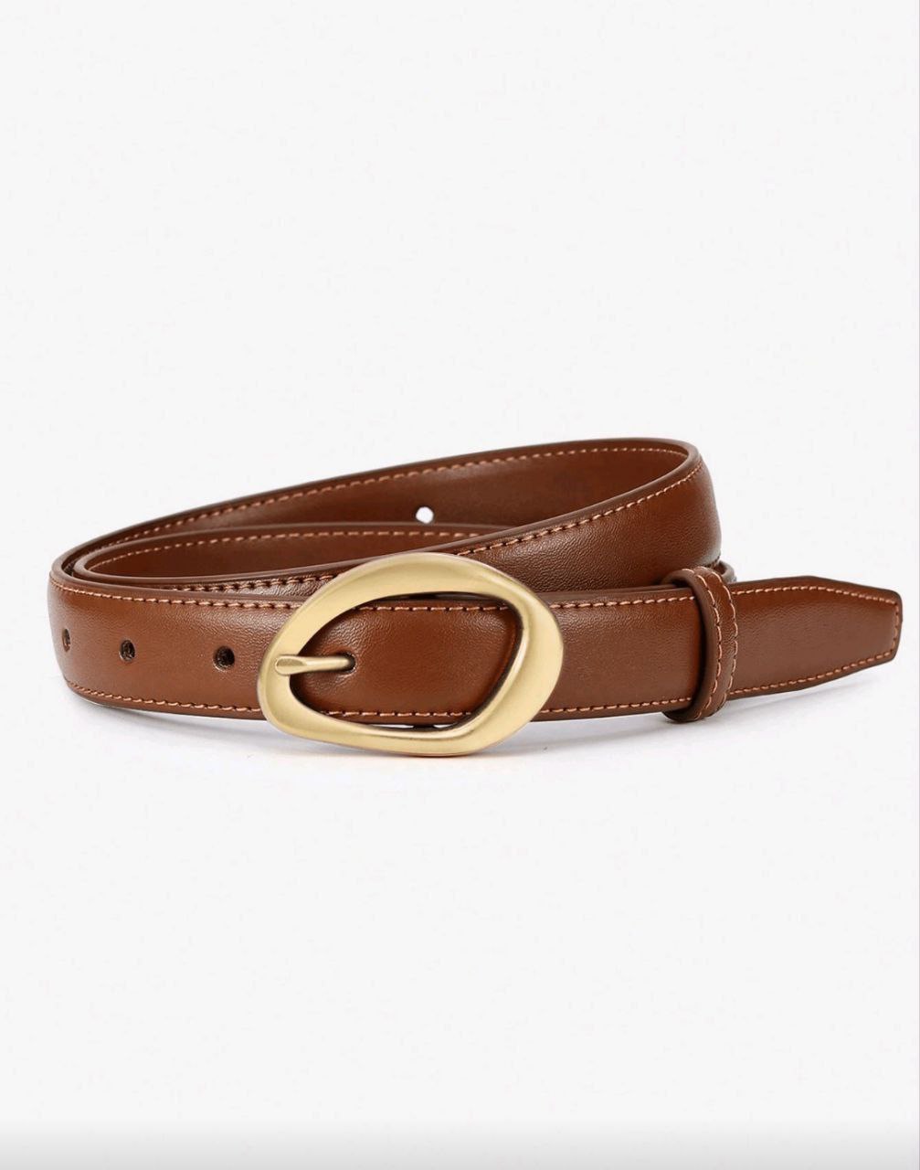 Brown leather belt with a gold buckle on a white background