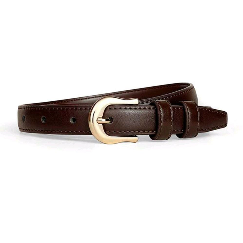 Dark Brown leather belt with a gold buckle on a white background