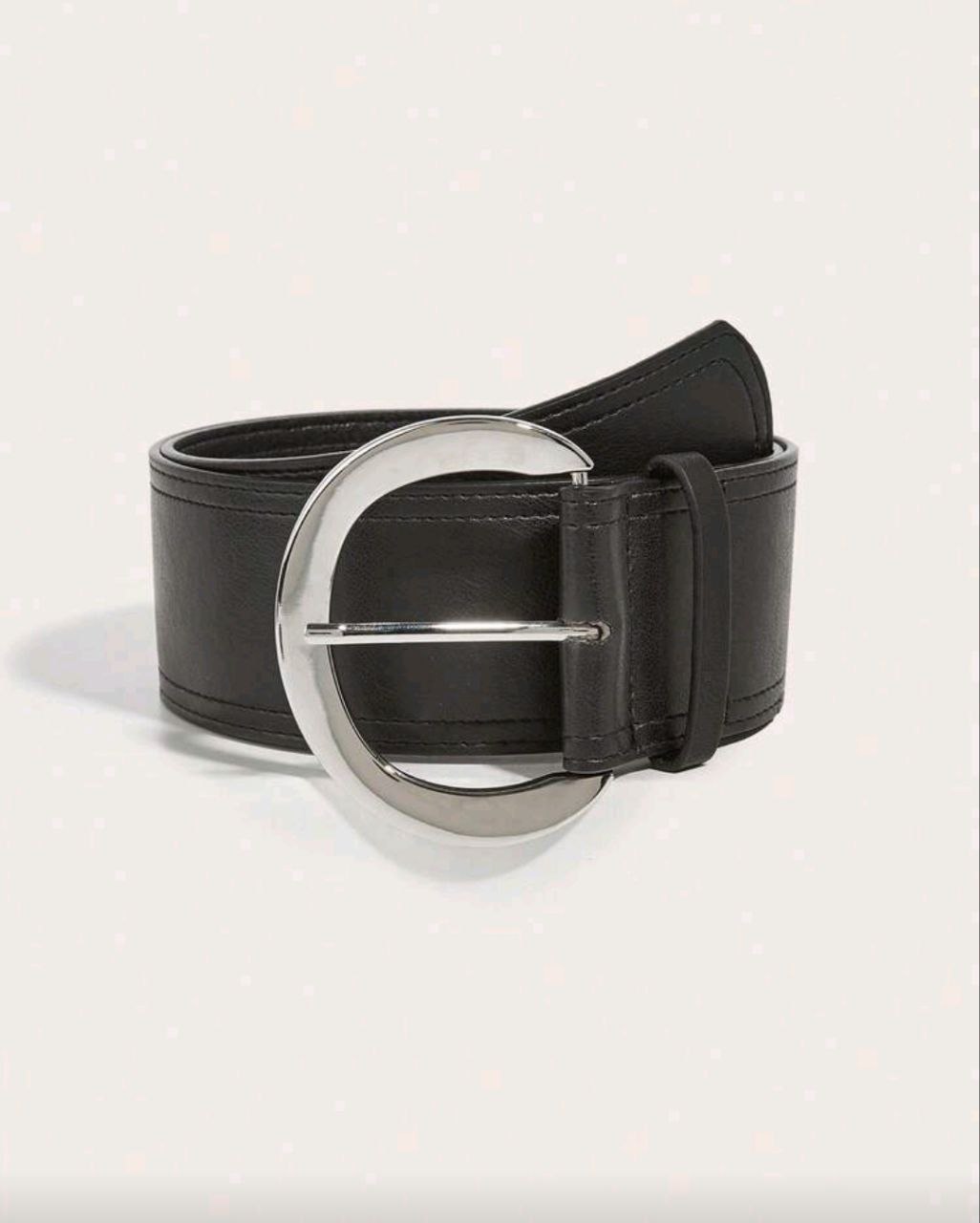 Women’s Wide PU Leather Waist Belt – Arc Buckle (Black)
