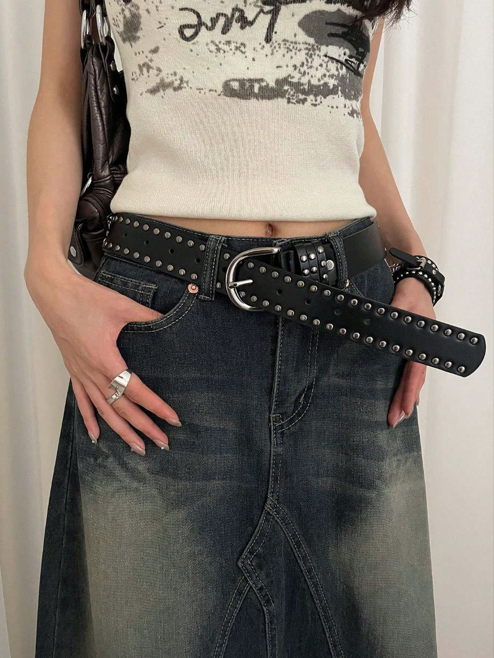 Women’s Black Punk Belt – Double Rivet Leather Waist Strap