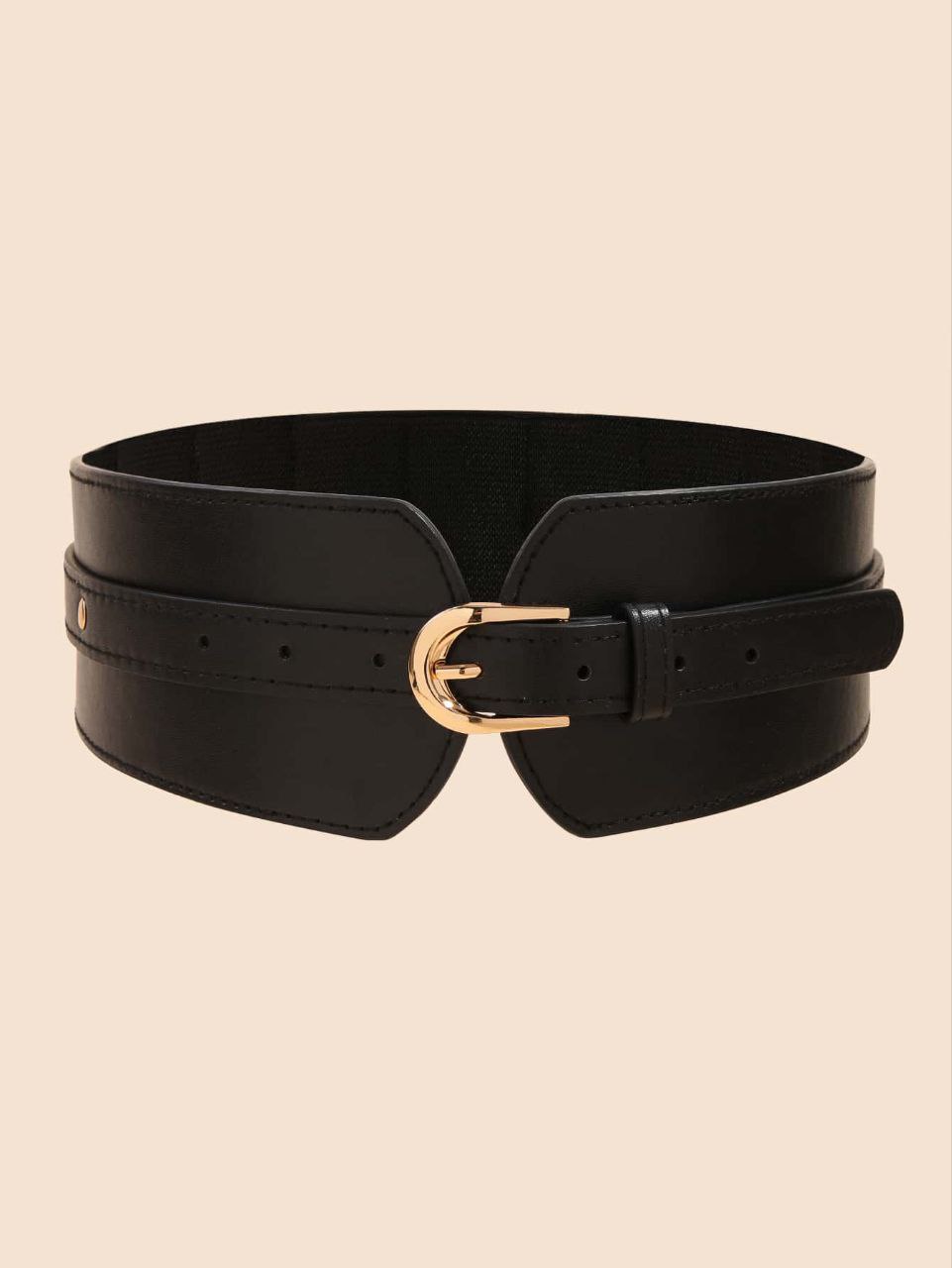 Black leather belt with a gold buckle on a beige background