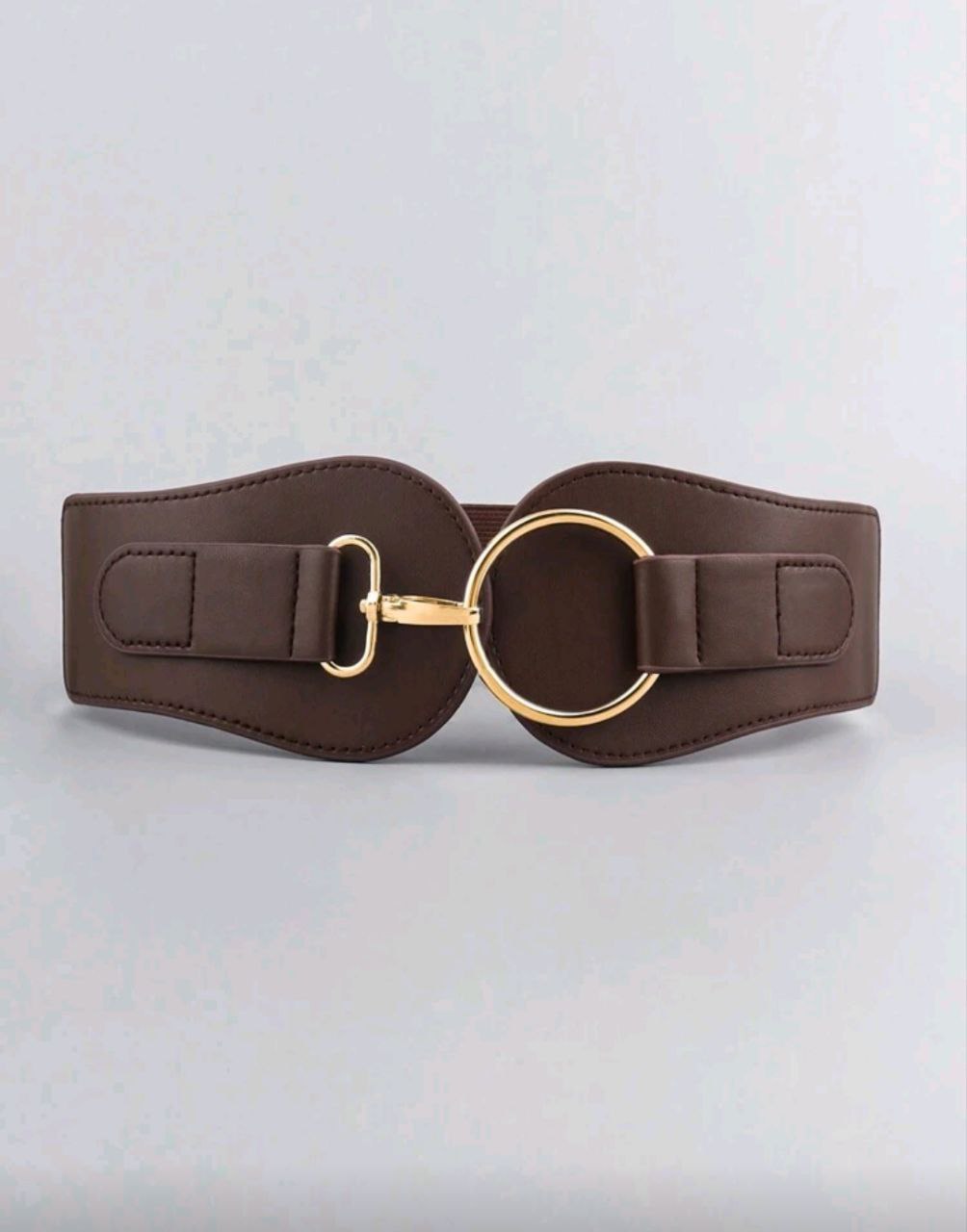 Brown belt with gold buckle on a light gray background