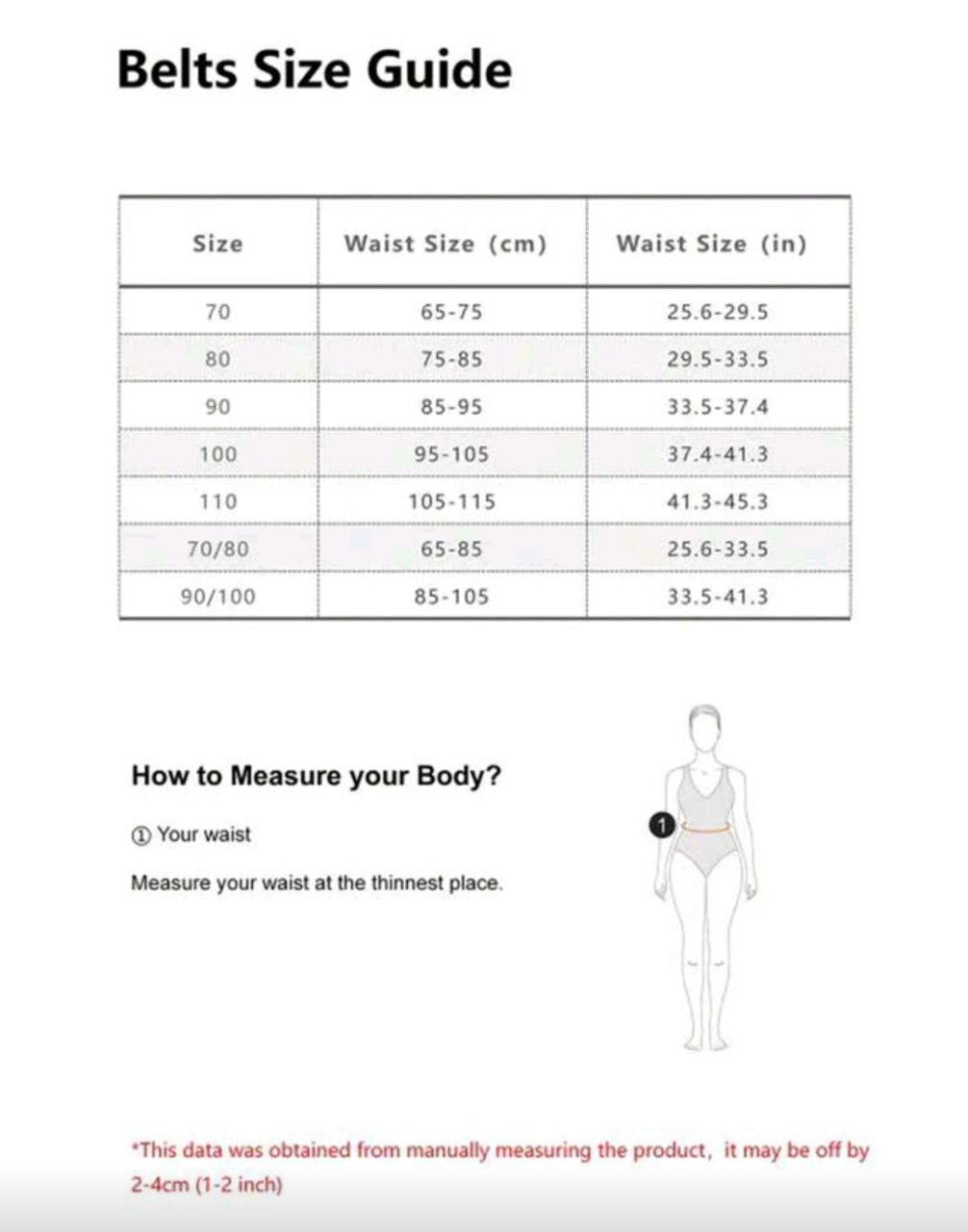 Belts size guide with waist measurement chart and instructions on how to measure body parts.