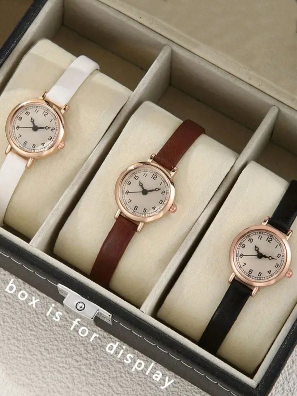 Three watches with different straps in a display box. ( White, Brown & Black ) 