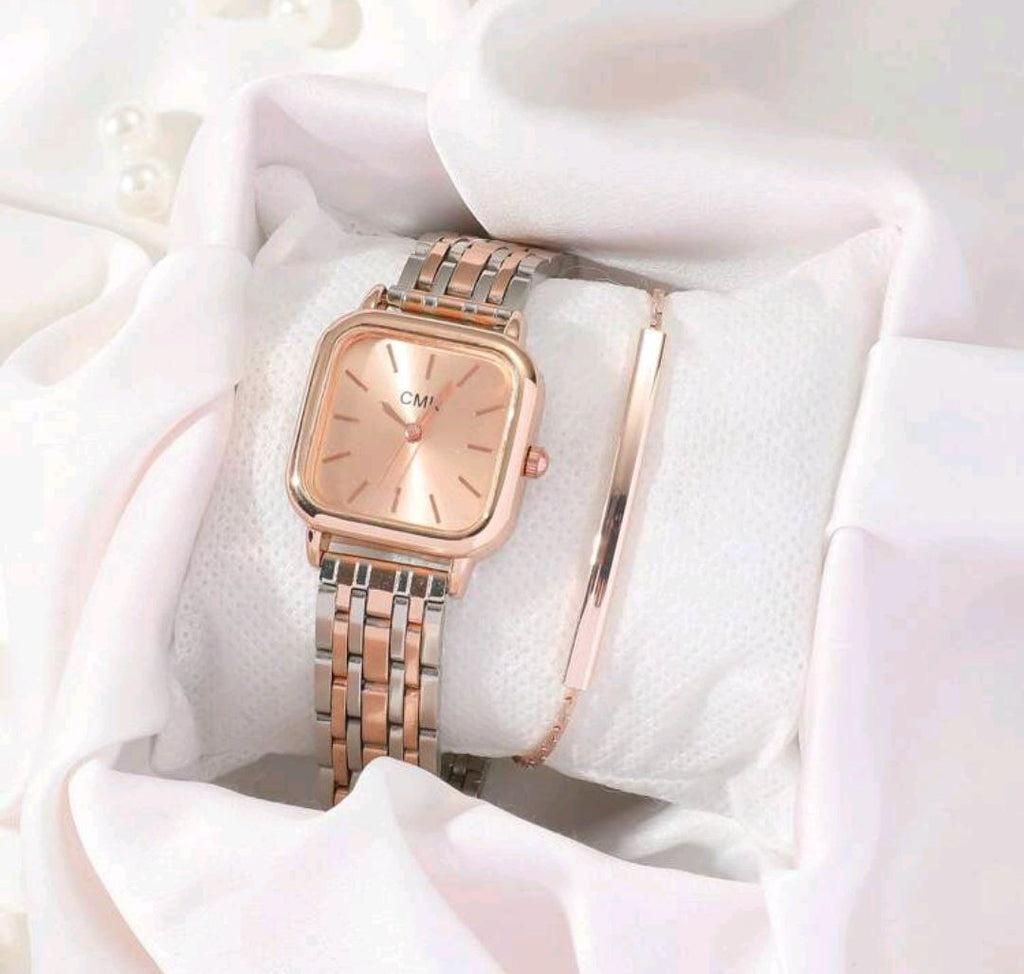 Rose Gold Stainless Steel Quartz Watch & Bracelet Set for Women – Elegant Everyday Pair