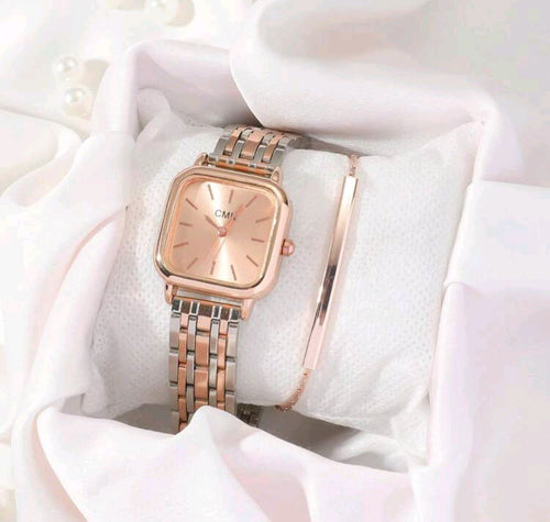 Rose Gold Stainless Steel Quartz Watch & Bracelet Set for Women – Elegant Everyday Pair