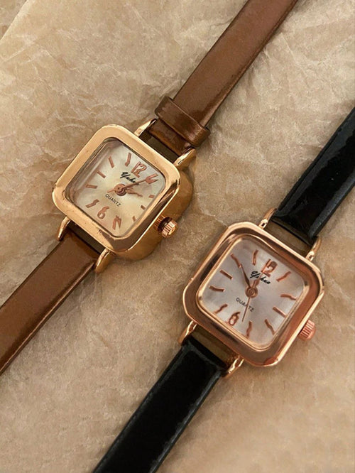 Minimalist Retro Square Quartz Watch for Women – PU Leather Strap