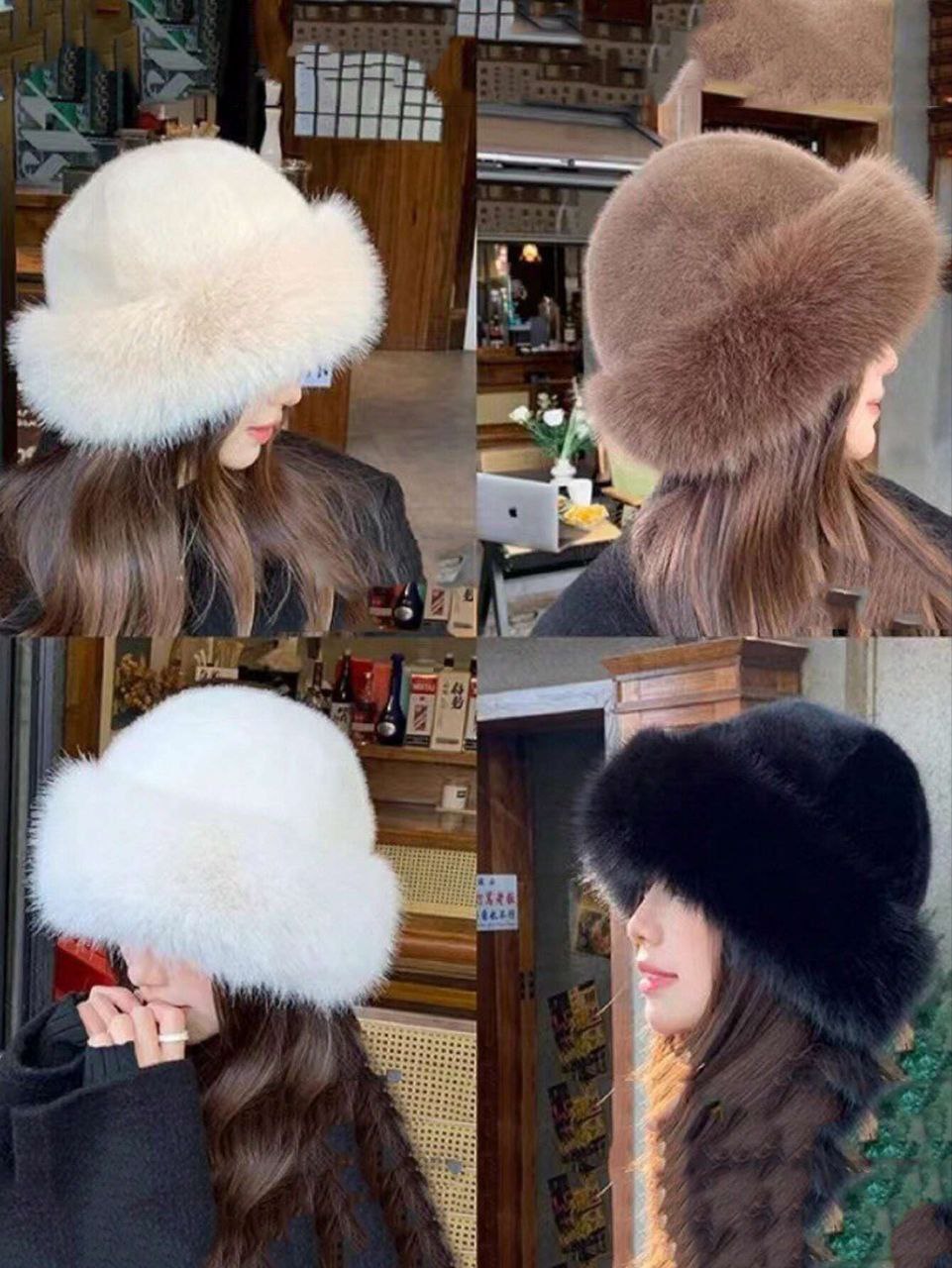 Collage of people wearing fur hats in various settings