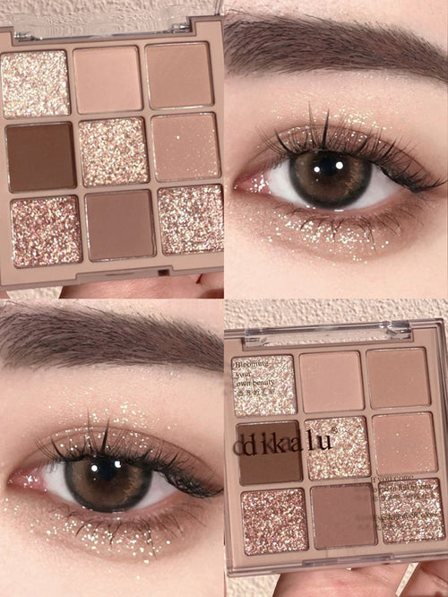 Makeup palette with glittery eyeshadow and close-up of eyes wearing the product.