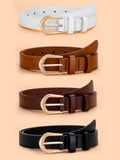 Four belts in white, brown, black, and another brown color with gold buckles on a beige background.