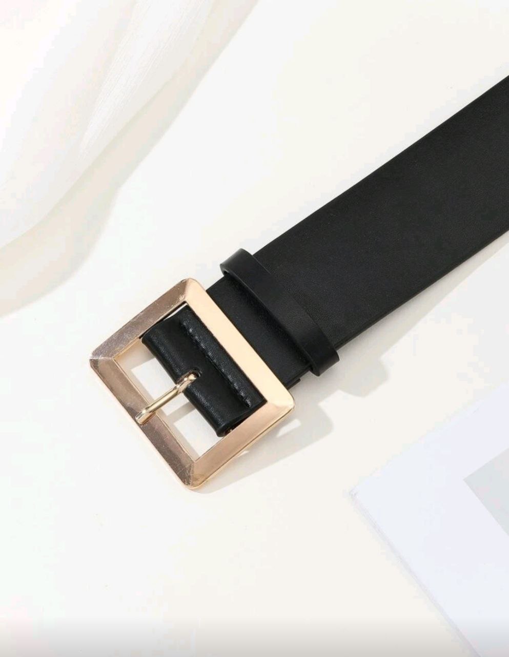 Black belt with a gold buckle on a light background