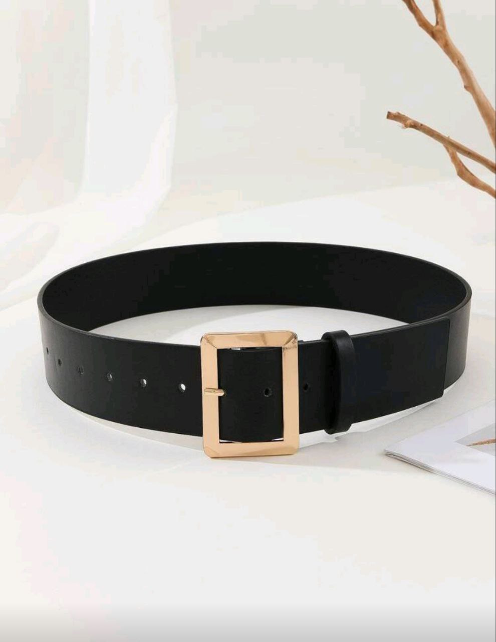 Black belt with a gold buckle on a white background