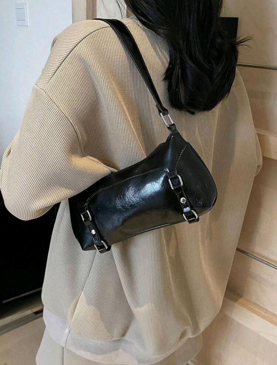 Y2K Patent PU Leather Shoulder Bag – Black Glossy Baguette