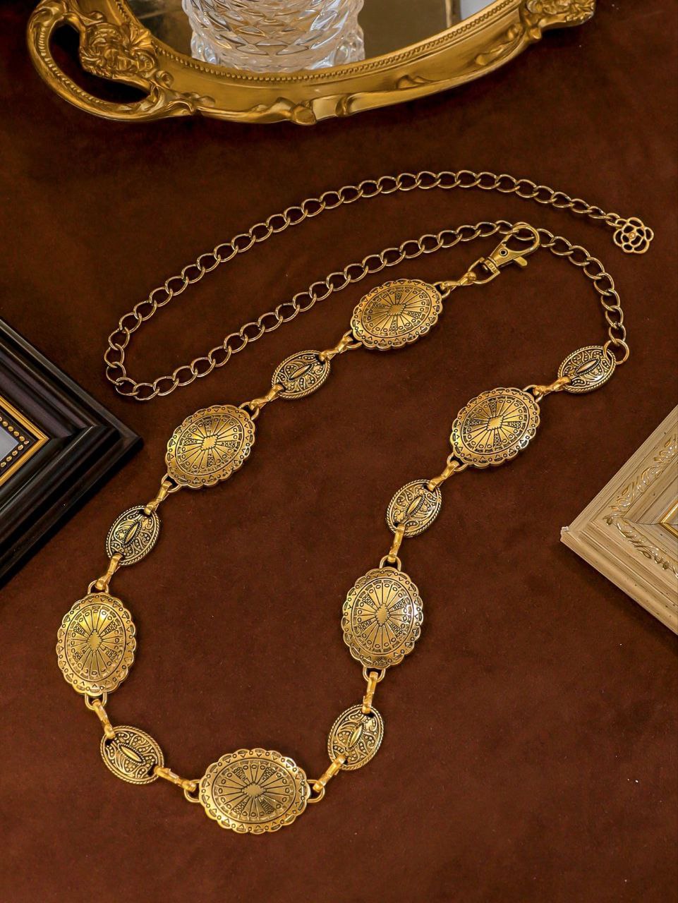 Women’s Vintage Bohemian Waist Chain – Gold Metal Floral (Distressed & Versatile)