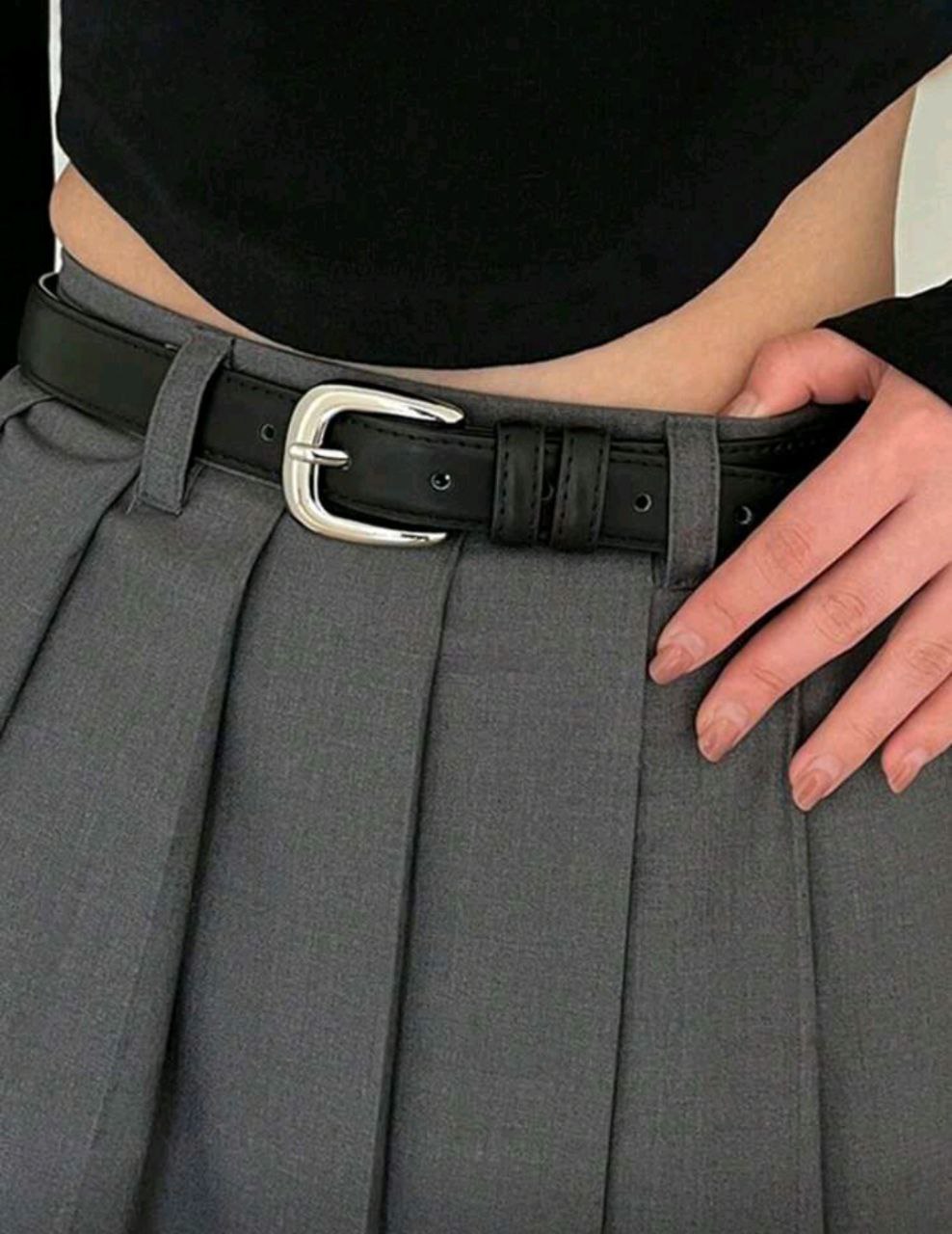 Women’s Leather Belt with Shiny Silver Buckle – Minimal Korean Style
