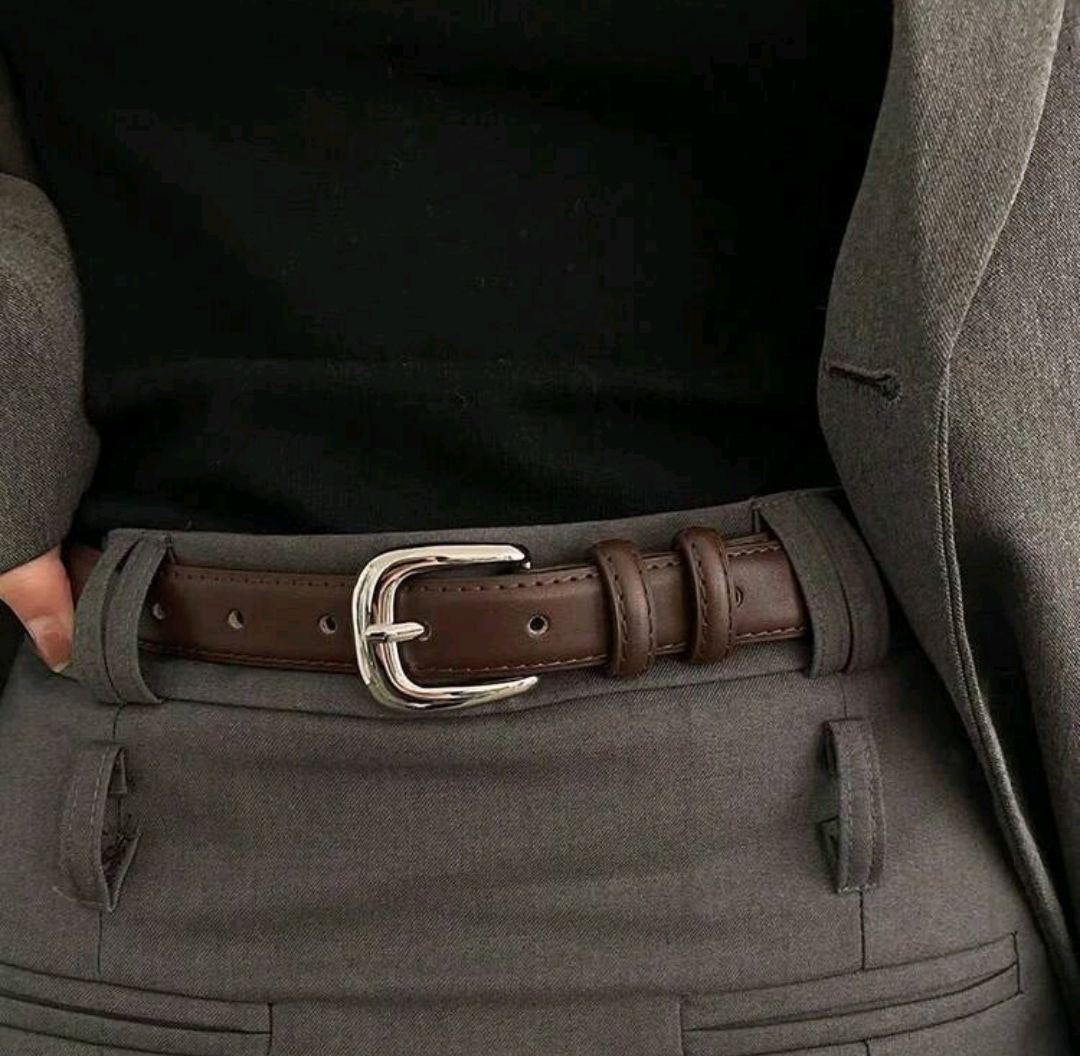 Women’s Leather Belt with Shiny Silver Buckle – Minimal Korean Style