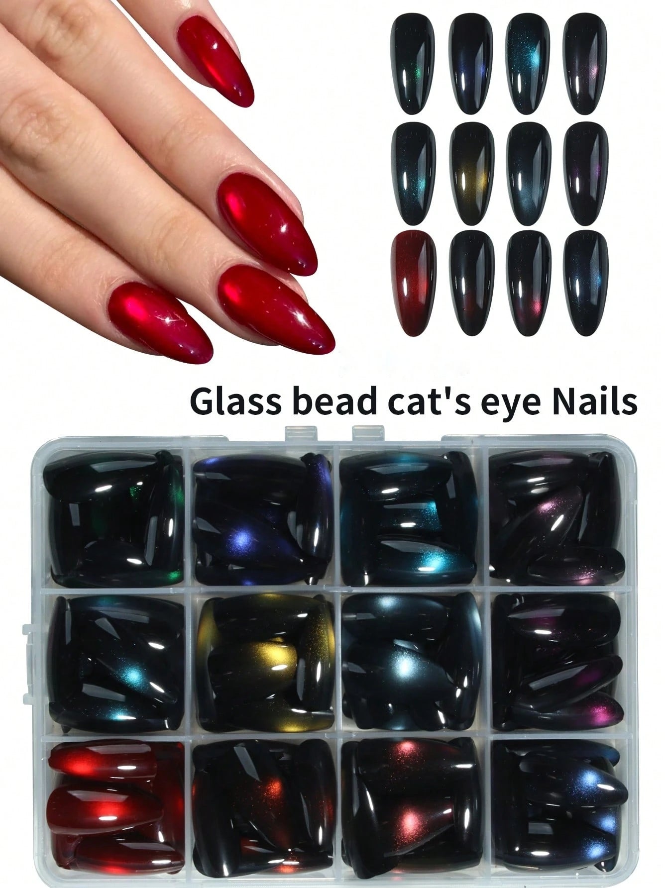 24PCS Y2K Almond Glossy Cat Eye Press-On Nails – 12 Colors