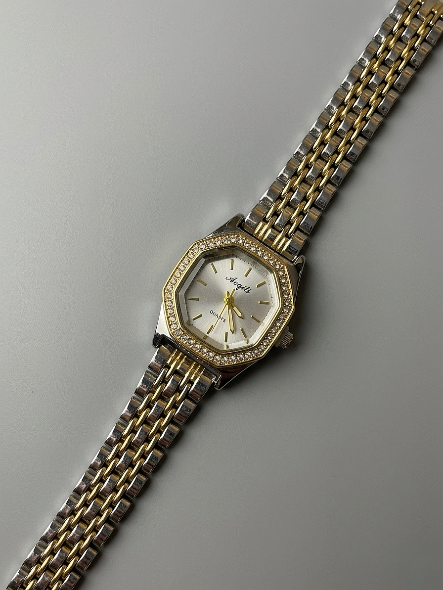 Two-Tone Polygonal Quartz Watch for Women – Elegant & Exquisite Design
