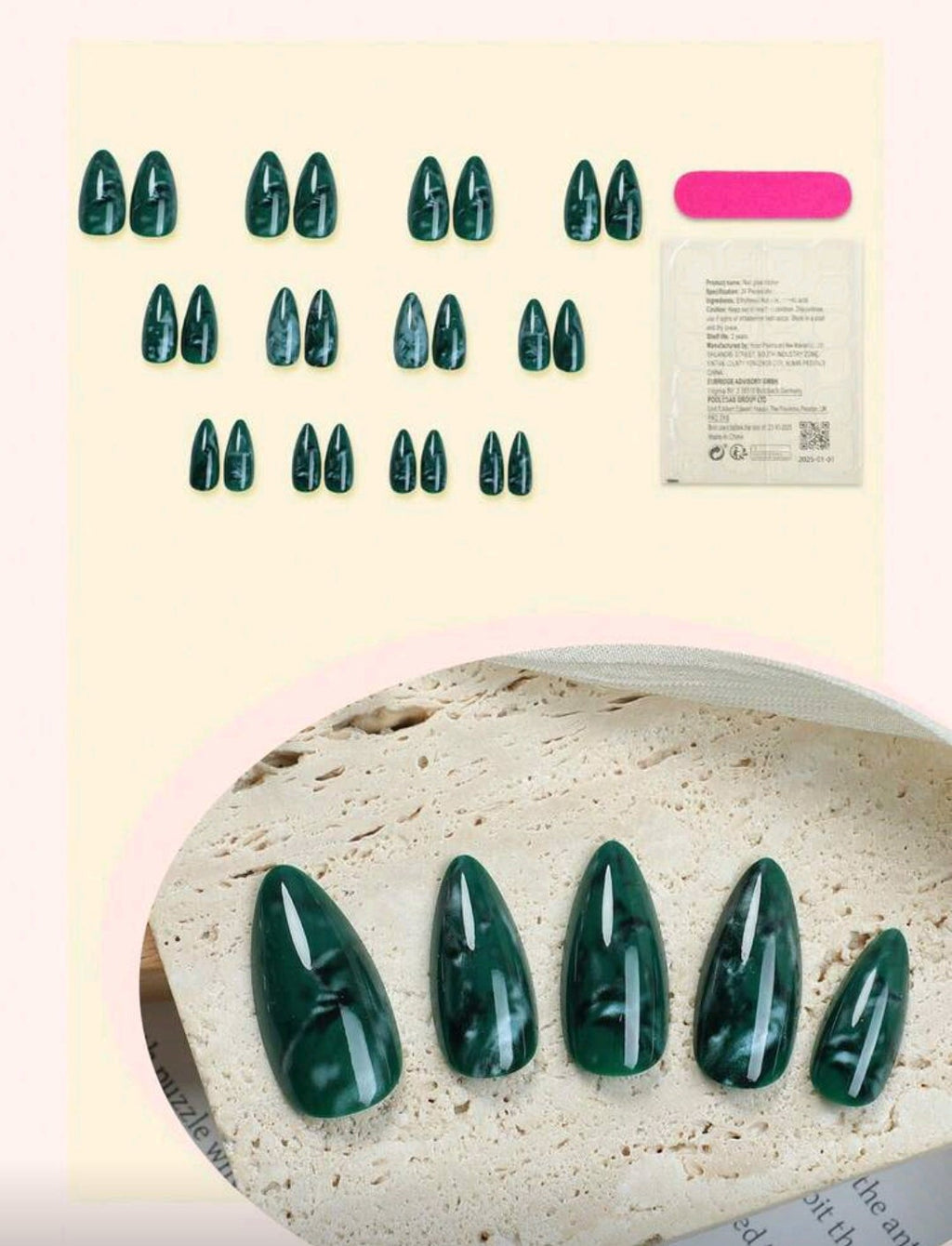 24PCS Medium Almond Tie-Dye Marble Press-On Nails – Green Gradient