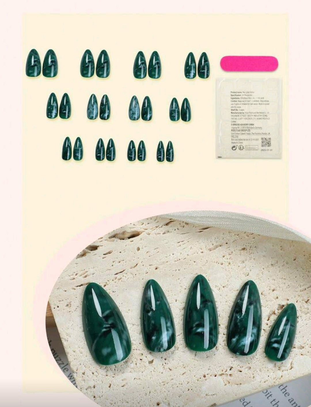 24PCS Medium Almond Tie-Dye Marble Press-On Nails – Green Gradient