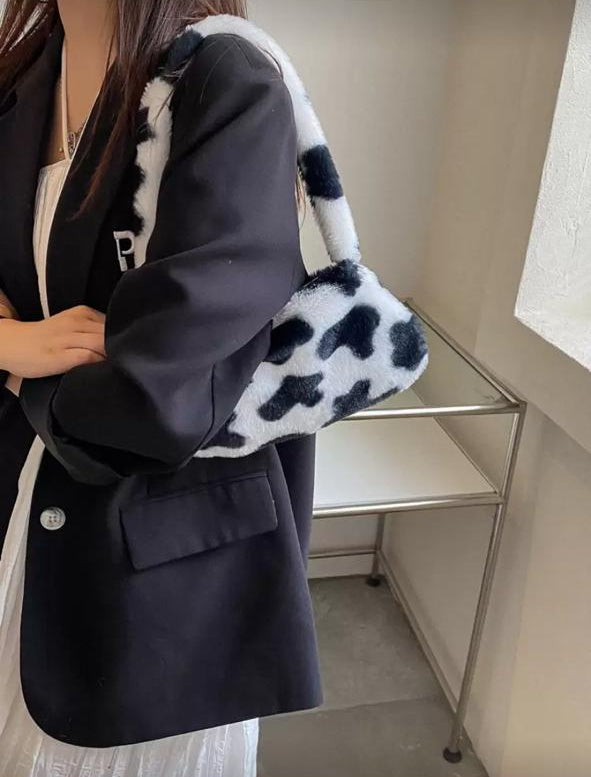 Fuzzy Plush Cow Pattern Fluffy Bag – Autumn/Winter Soft Purse