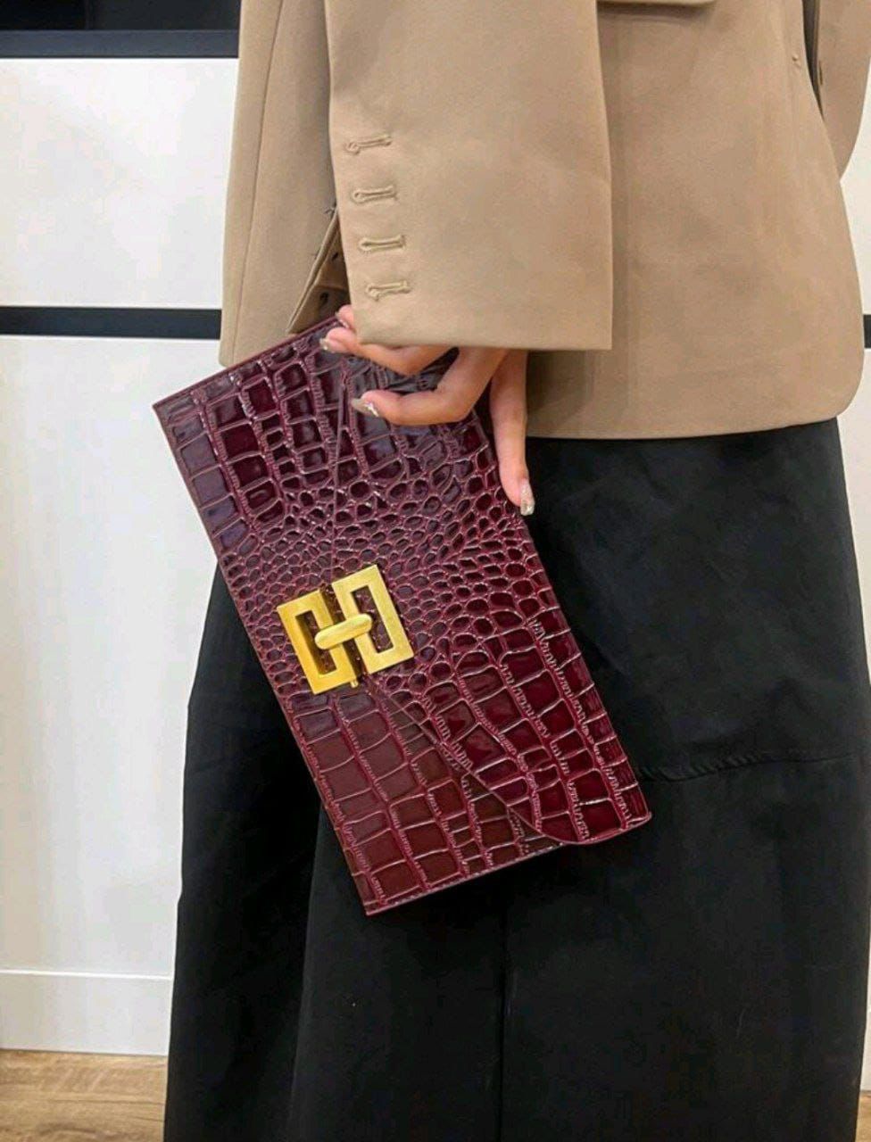 New Design Mini Envelope Bag – Crocodile Pattern Vintage Clutch ( Black, Burgundy & Gold )