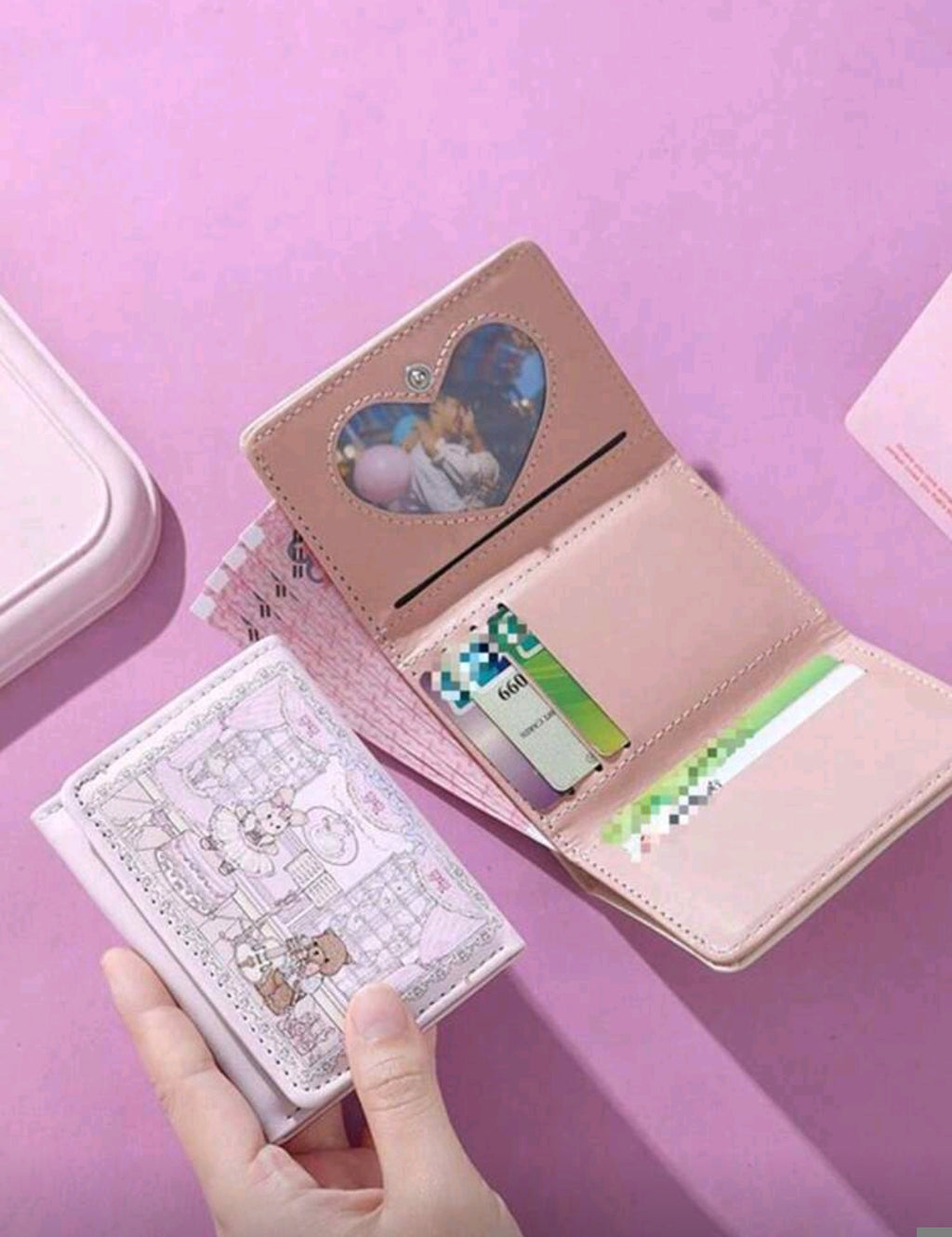 Cute Rabbit & Bear Pink Tri-Fold Wallet – Multi-Card Holder Mini Coin Purse for Women
