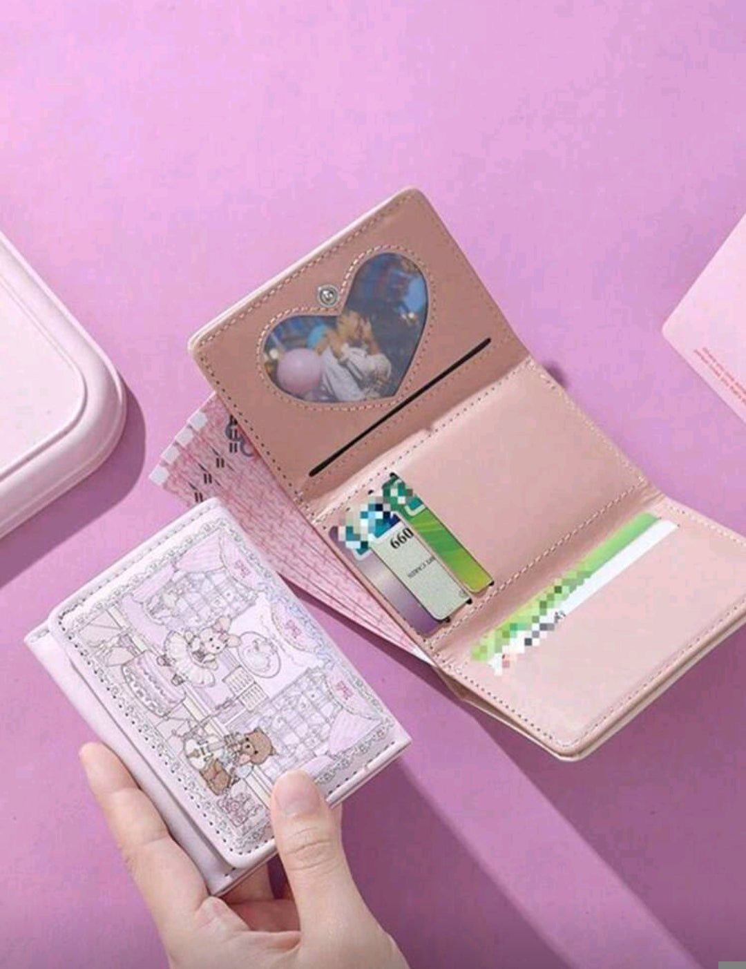 Cute Rabbit & Bear Pink Tri-Fold Wallet – Multi-Card Holder Mini Coin Purse for Women