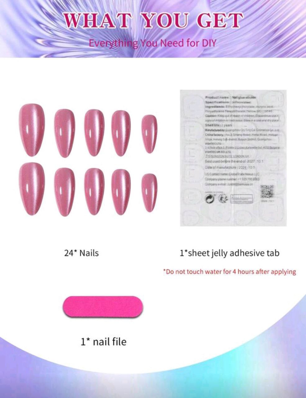 24pcs Y2K Long Almond Pink Crystal Cat Eye Press-On Nails Set