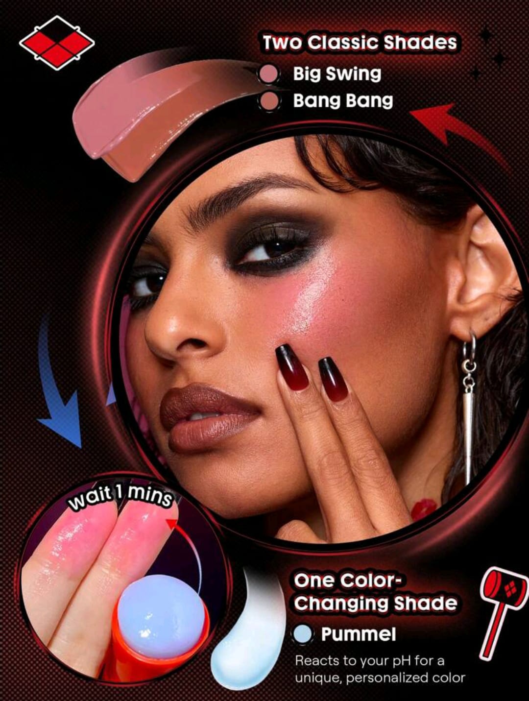 Harley Quinn x SHEGLAM Mischief Mallet Blush Stick – Color Changing Cream Blush, Natural Pigment, Long-Lasting Blendable Makeup for Women