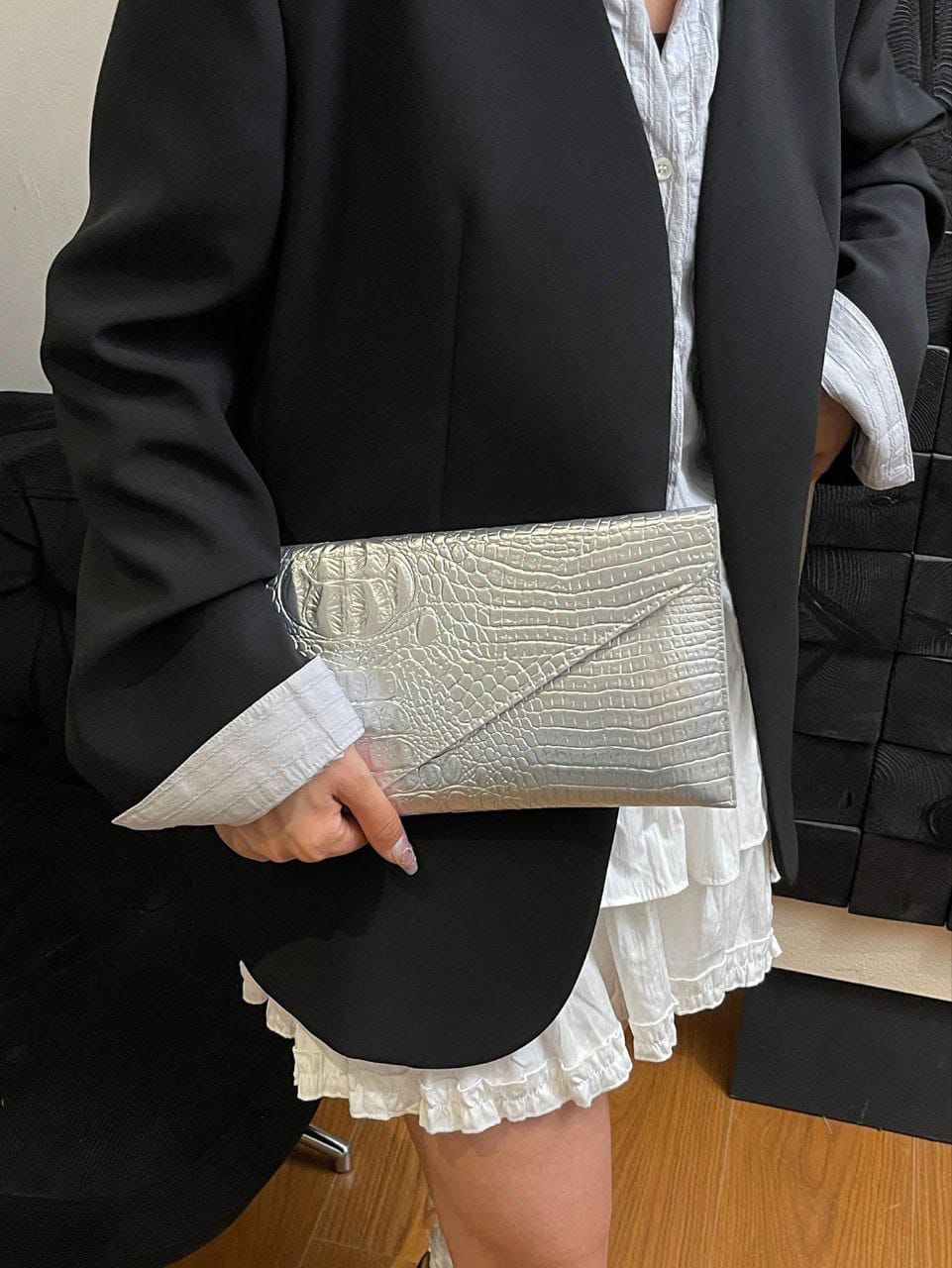 Crocodile Embossed Envelope Clutch Bag for Women – Gold & Silver PU
