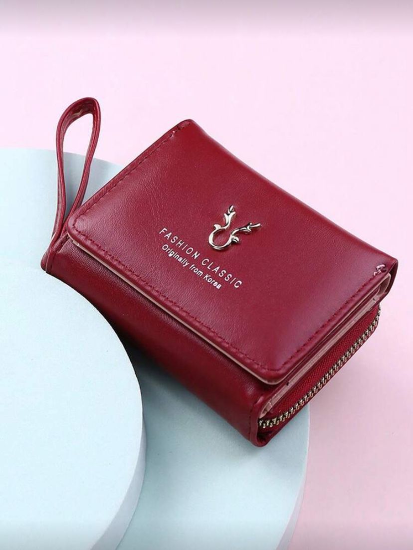 Burgundy Wallet – Cartoon Tri-Fold Zipper Coin & Card Holder for Women
