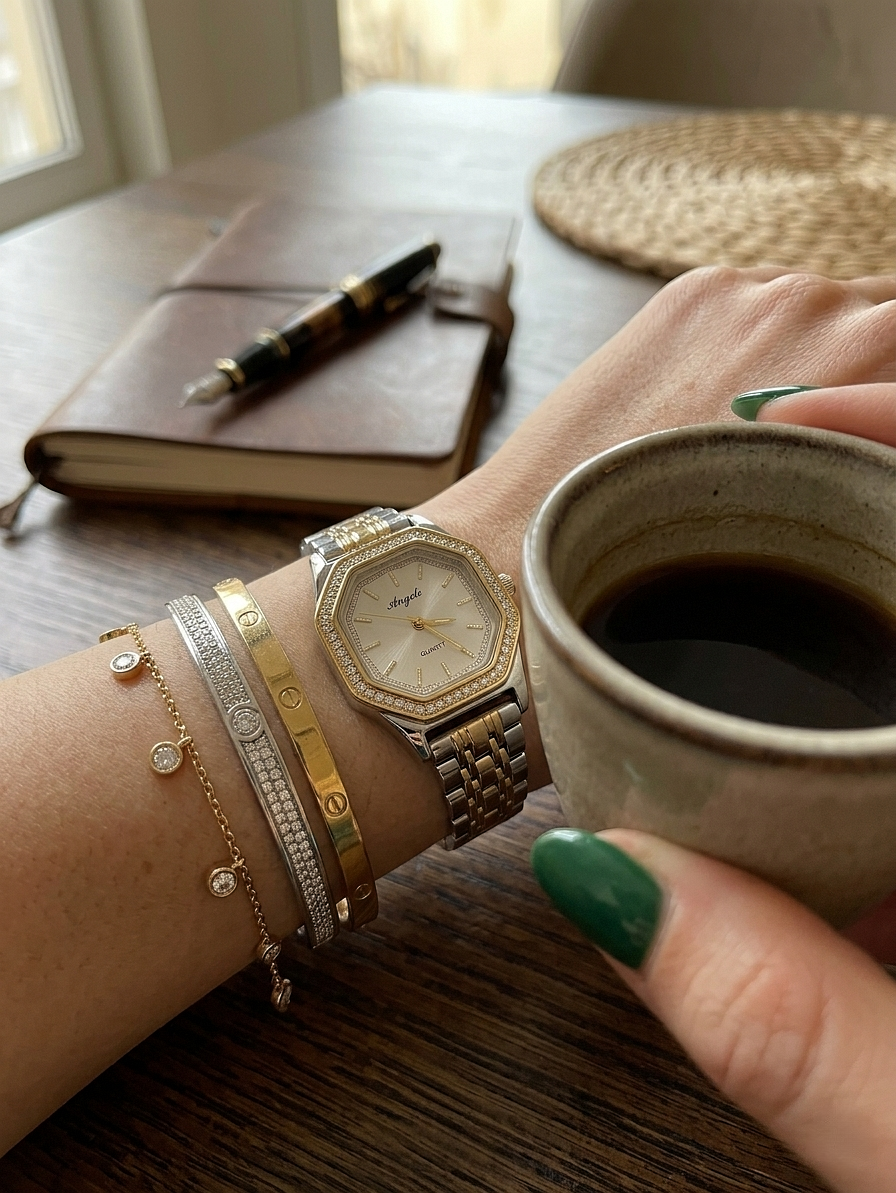 Two-Tone Polygonal Quartz Watch for Women – Elegant & Exquisite Design