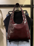 Women’s Burgundy Rivet Decor Large Capacity Shoulder Tote Bag