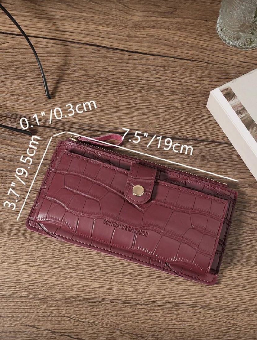 Burgundy Crocodile Embossed Long Wallet – Fold Over Zipper Card & Cash Organizer for Women