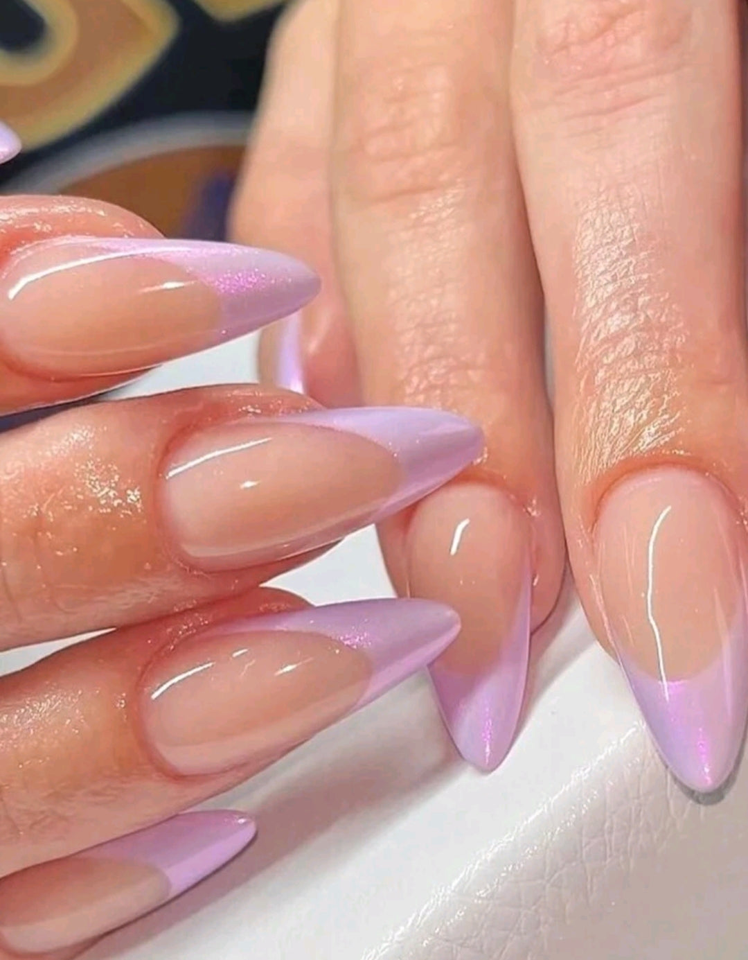 24PCS Bare Almond French Edge Purple Press-On Nails
