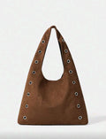Women’s Rivet Decor Shoulder Tote Bag – Brown Velvet