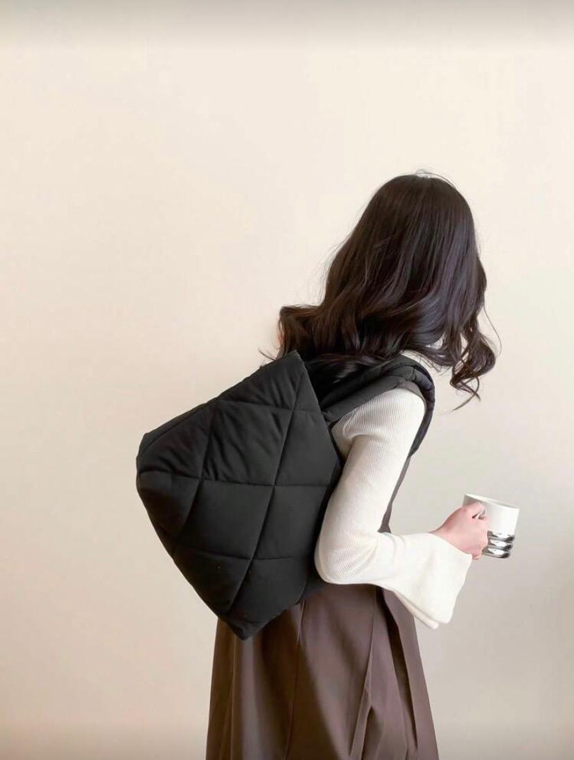 Fashionable Quilted Embroidery Tote Bag – Black Multifunctional Fabric Shoulder Handbag
