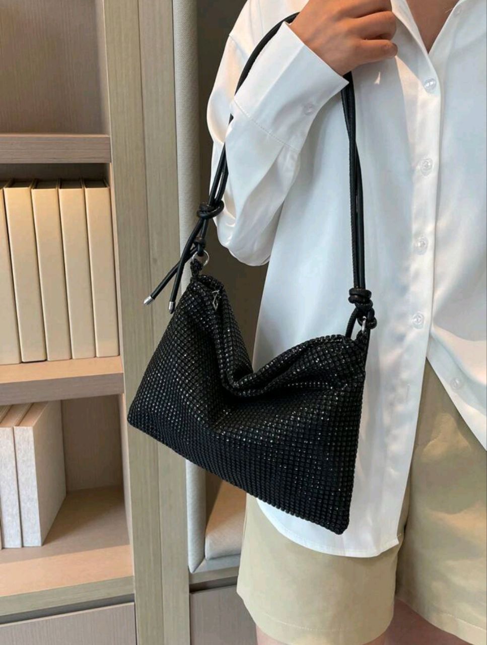 Black Rhinestone Decor Large Capacity Tote Bag for Women