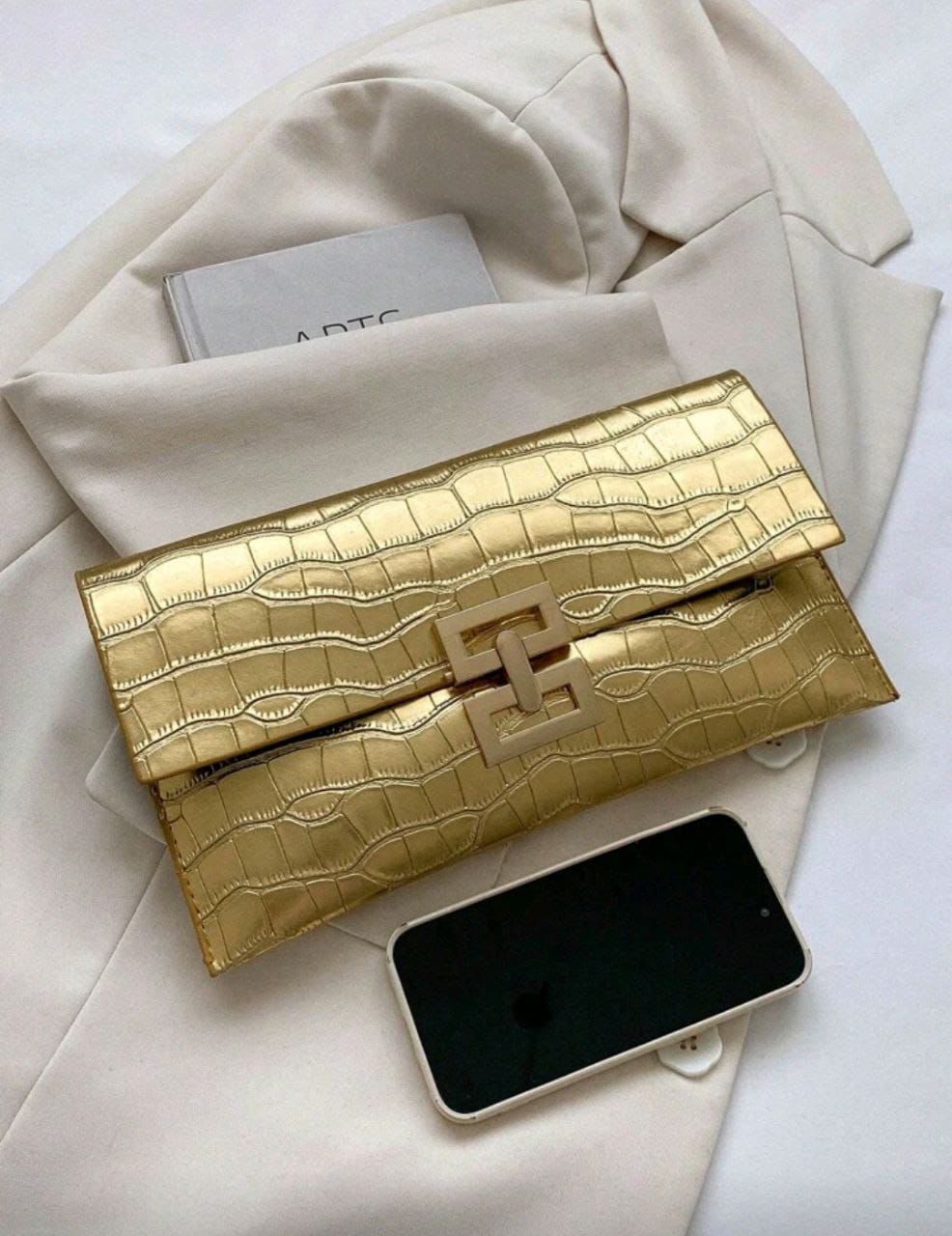 New Design Mini Envelope Bag – Crocodile Pattern Vintage Clutch ( Black, Burgundy & Gold )
