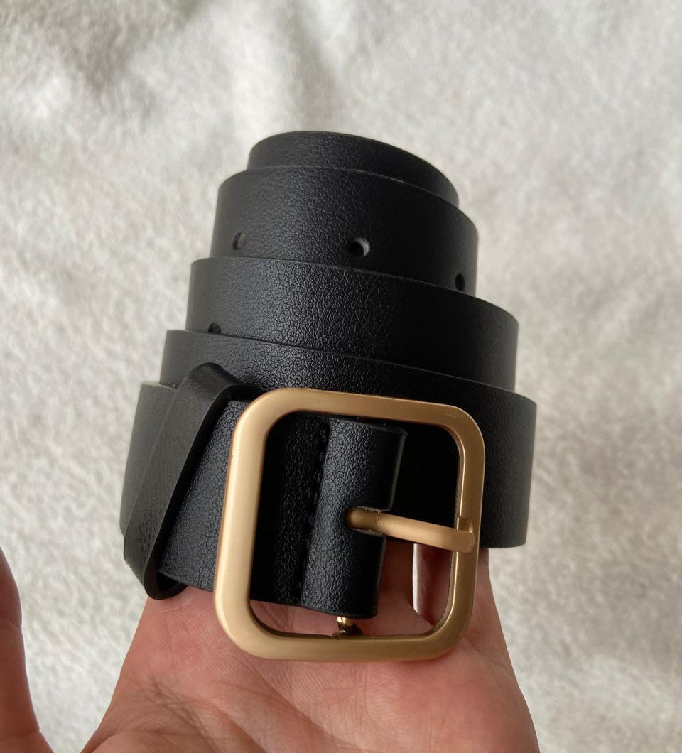 Black PU Leather Wide Belt with Gold Square Buckle – 100cm