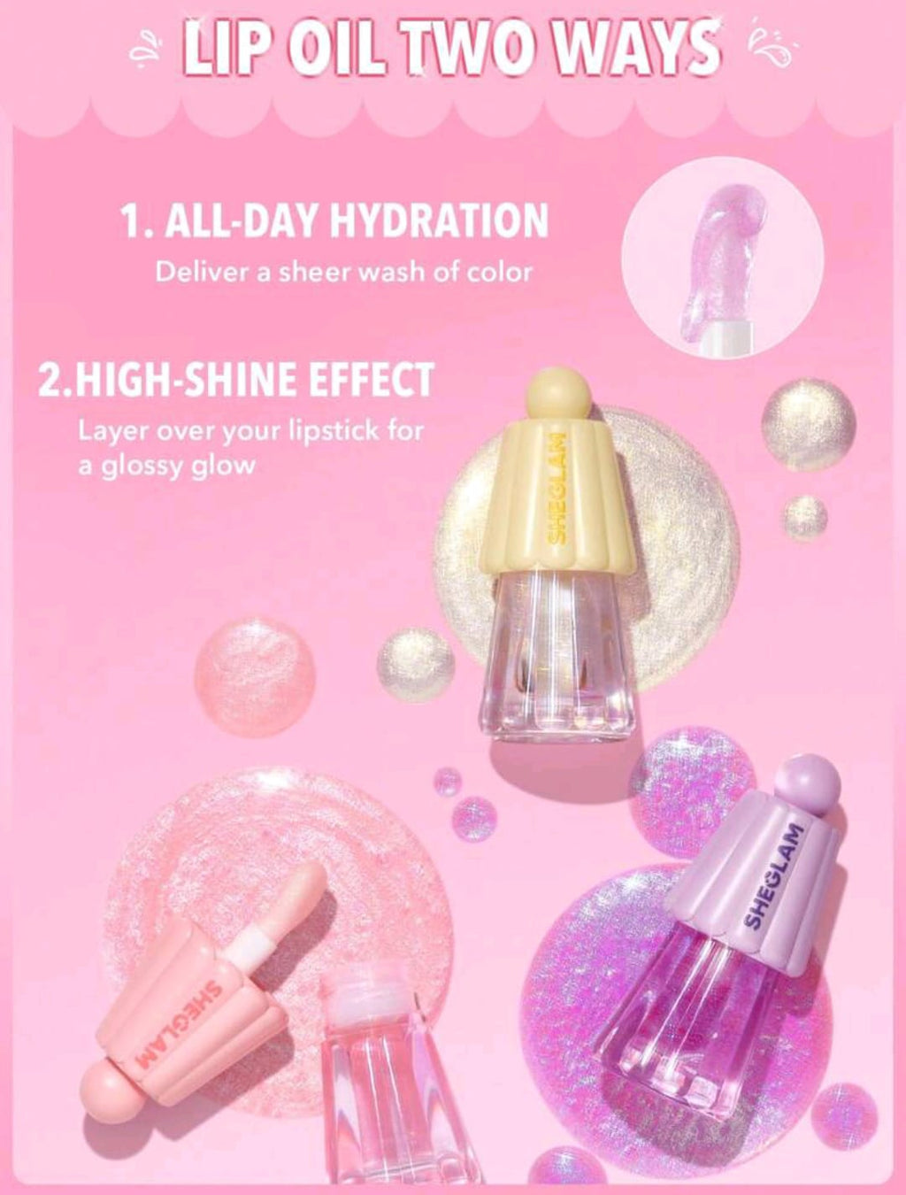 SHEGLAM Jelly Wow Hydrating Lip Oil – Pinkies Up & Grapefruit Glow High-Shine Moisturizing Lip Gloss