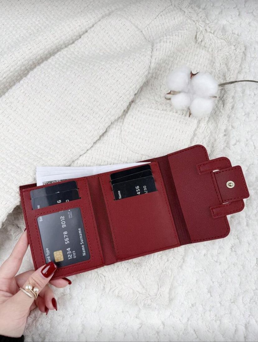 PU Triple Fold Flap Wallet – Small Portable Card & Photo Holder for Women (Red / Burgundy)